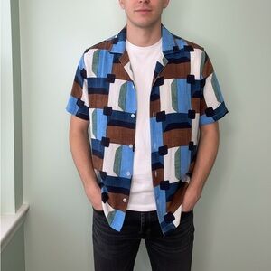 Men's Geometric Pattern Shirt - Blue, Green, Brown Nova Men size Large Viscose